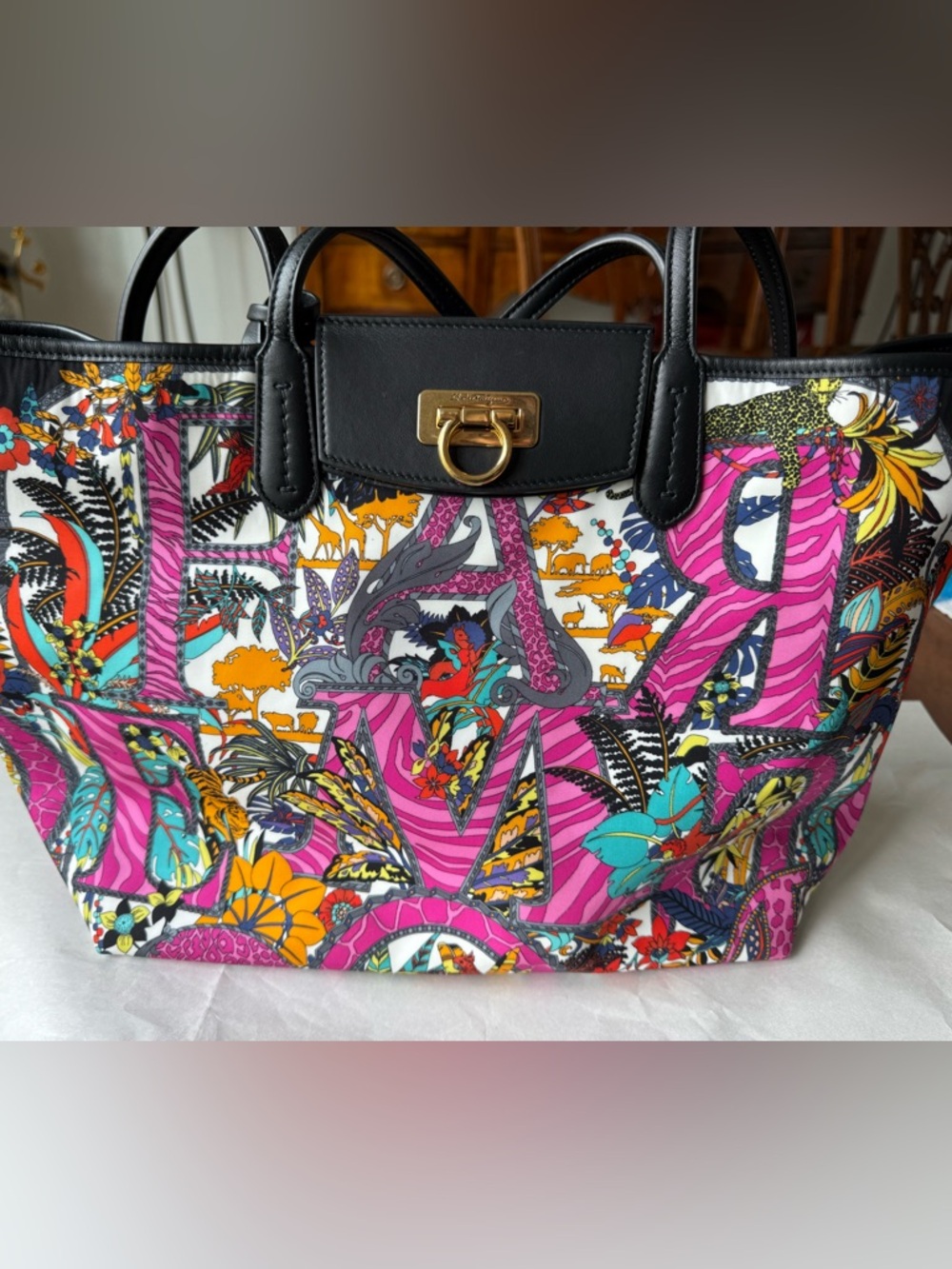 Salvatore Ferragamo Tote Gancini Nylon Leather Multicolor Black Gold